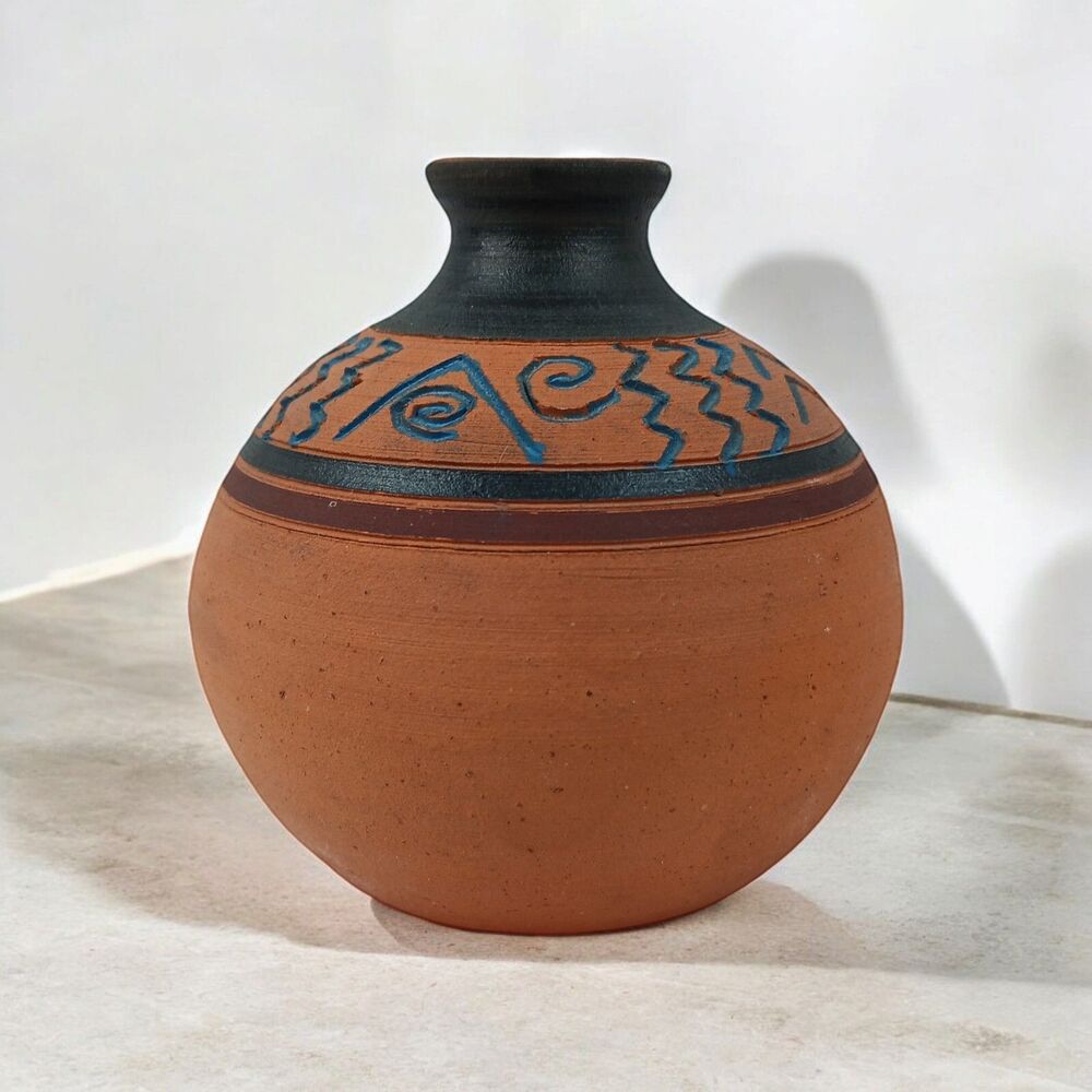 Vintage Native American Navajo Pottery Mini Vase Carved Blue Signed
